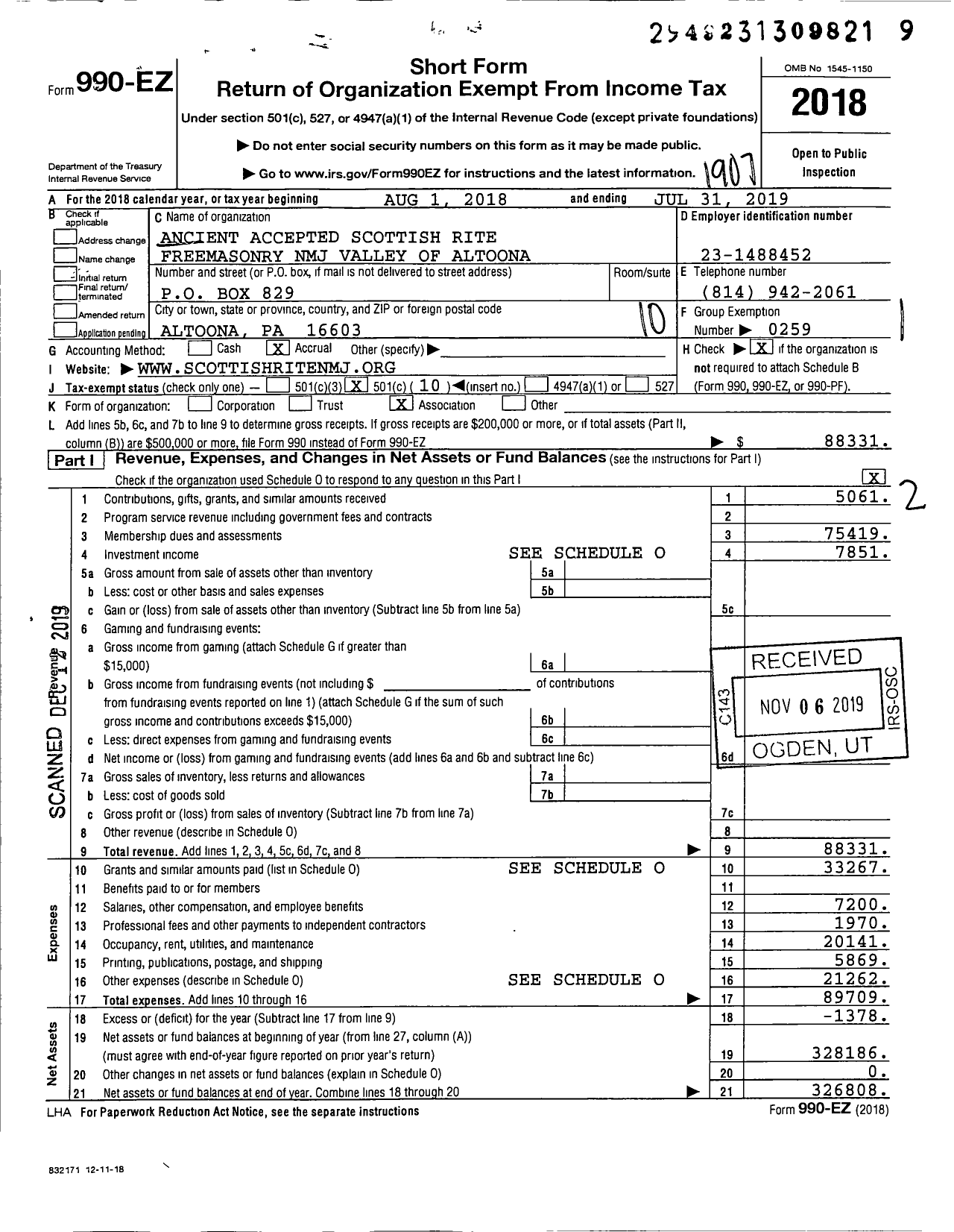 Image of first page of 2018 Form 990O for Scottish Rite, NMJ - Valley of Altoona