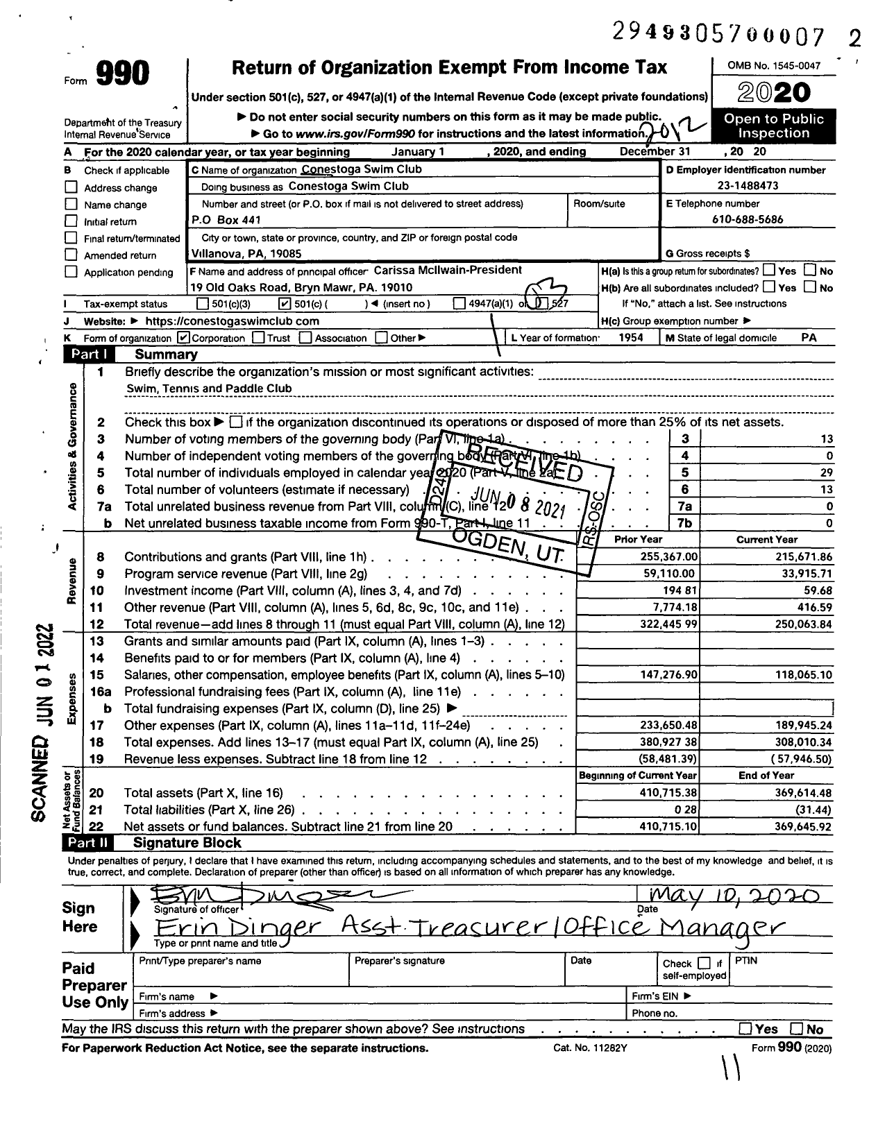 Image of first page of 2020 Form 990 for Conestoga Swim Club