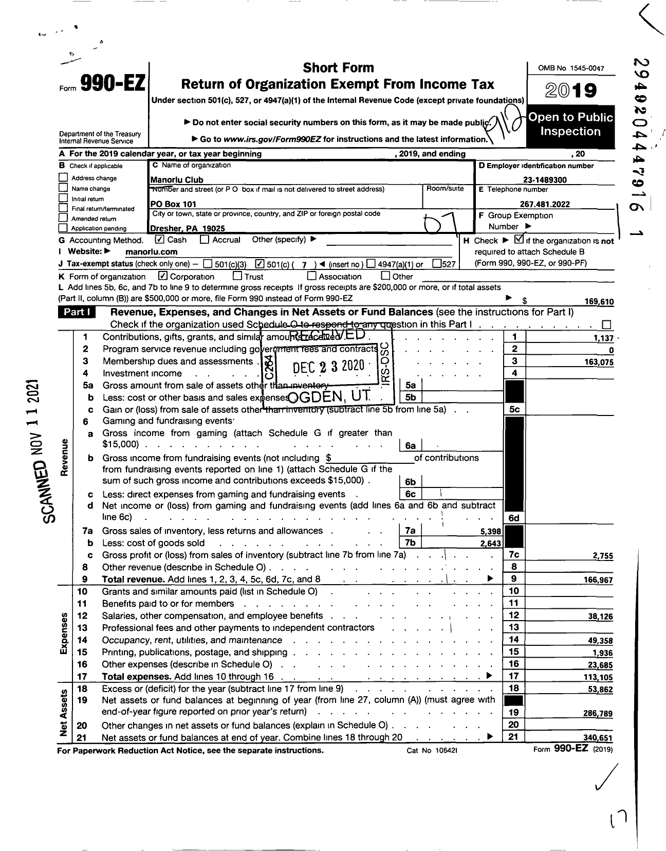 Image of first page of 2019 Form 990EO for Manorlu Club