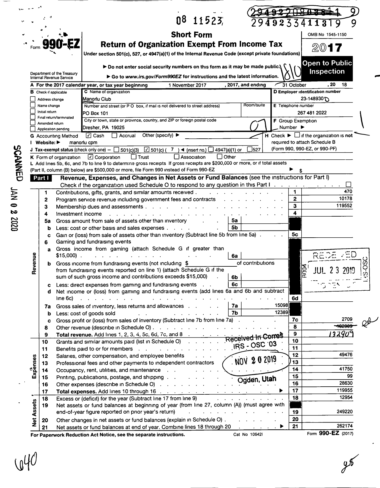 Image of first page of 2017 Form 990EO for Manorlu Club