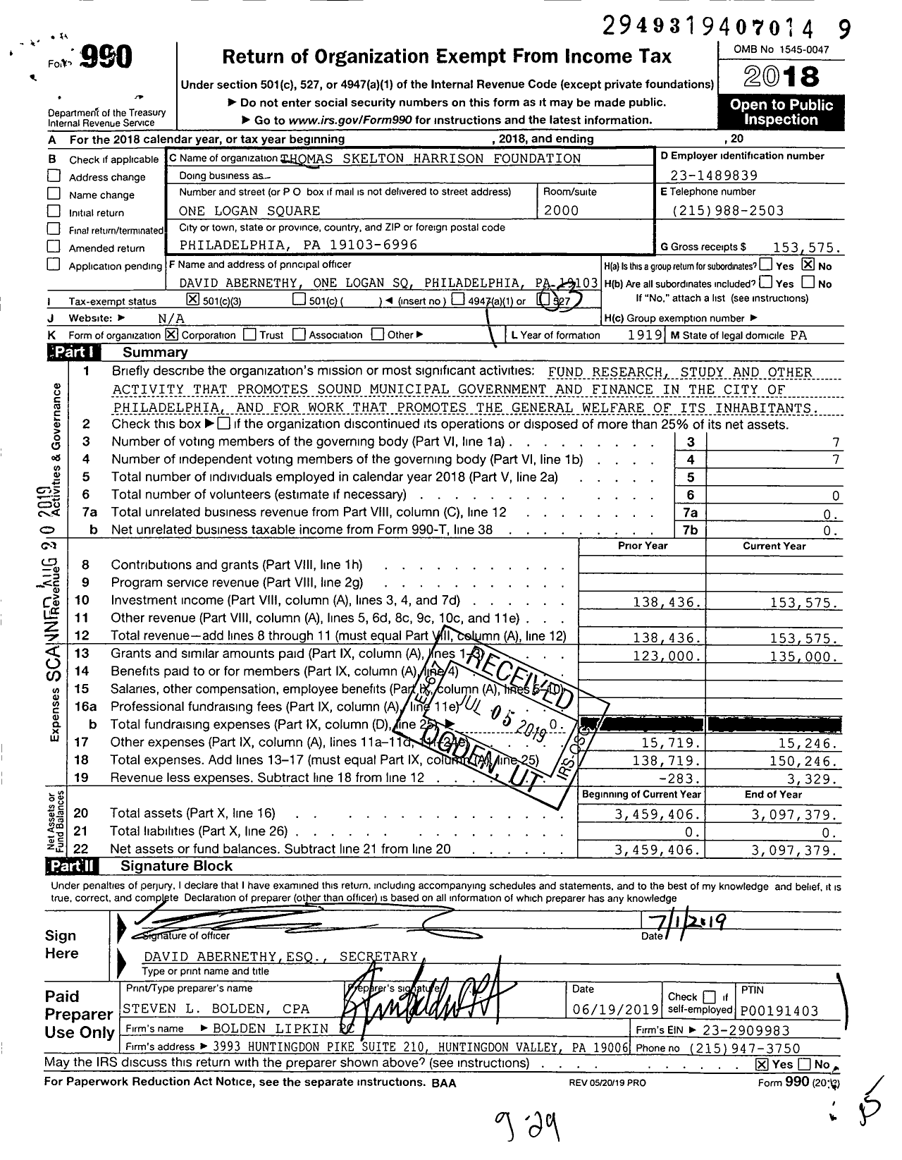 Image of first page of 2018 Form 990 for Thomas Skelton Harrison Foundation