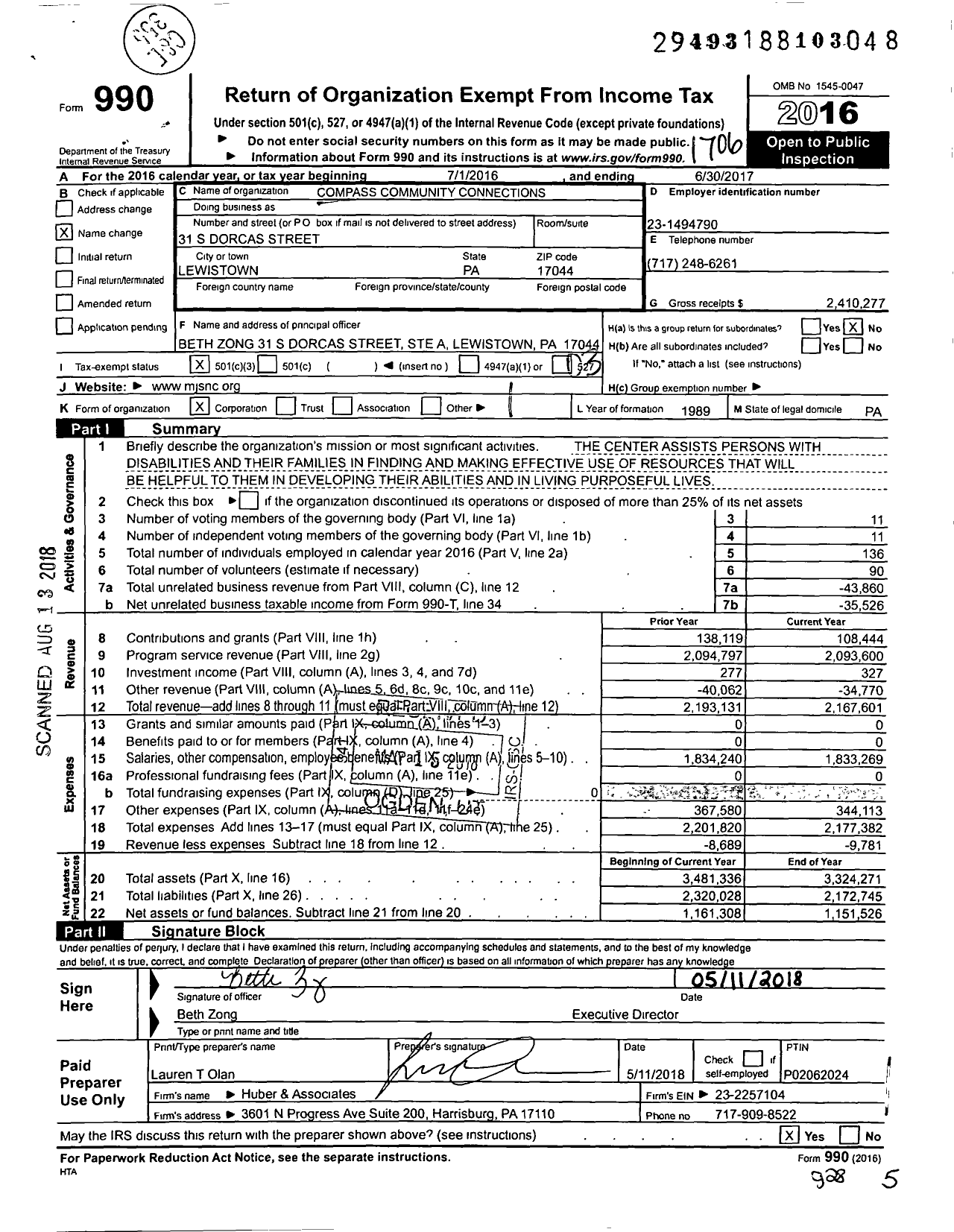 Image of first page of 2016 Form 990 for Compass Community Connections
