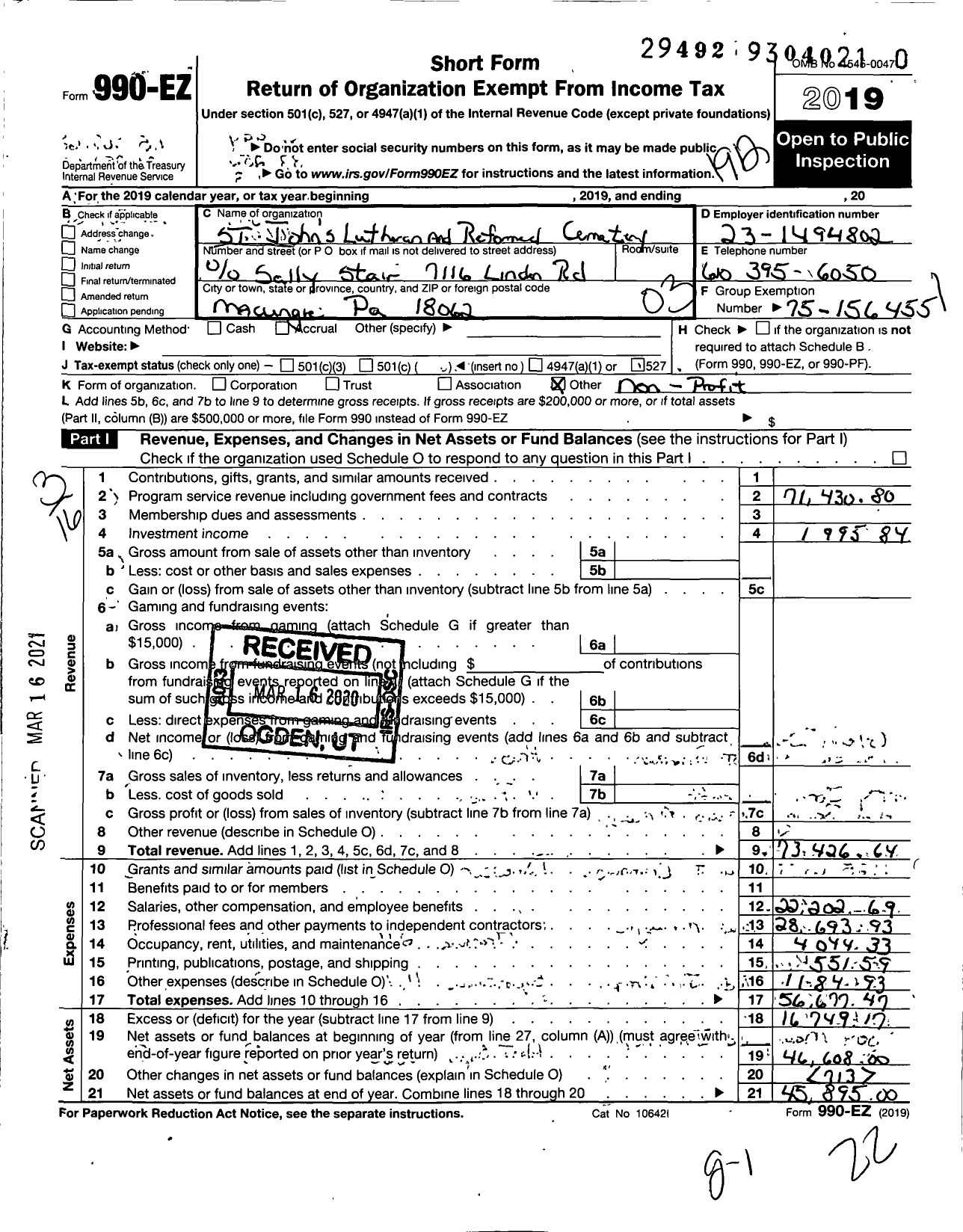 Image of first page of 2019 Form 990EZ for St Johns Lutheran and Reformed Cemetery