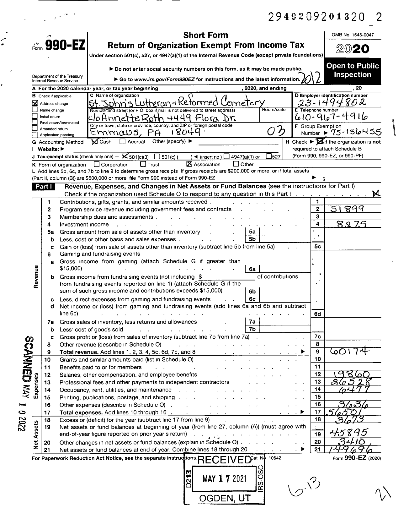 Image of first page of 2020 Form 990EZ for St Johns Lutheran and Reformed Cemetery