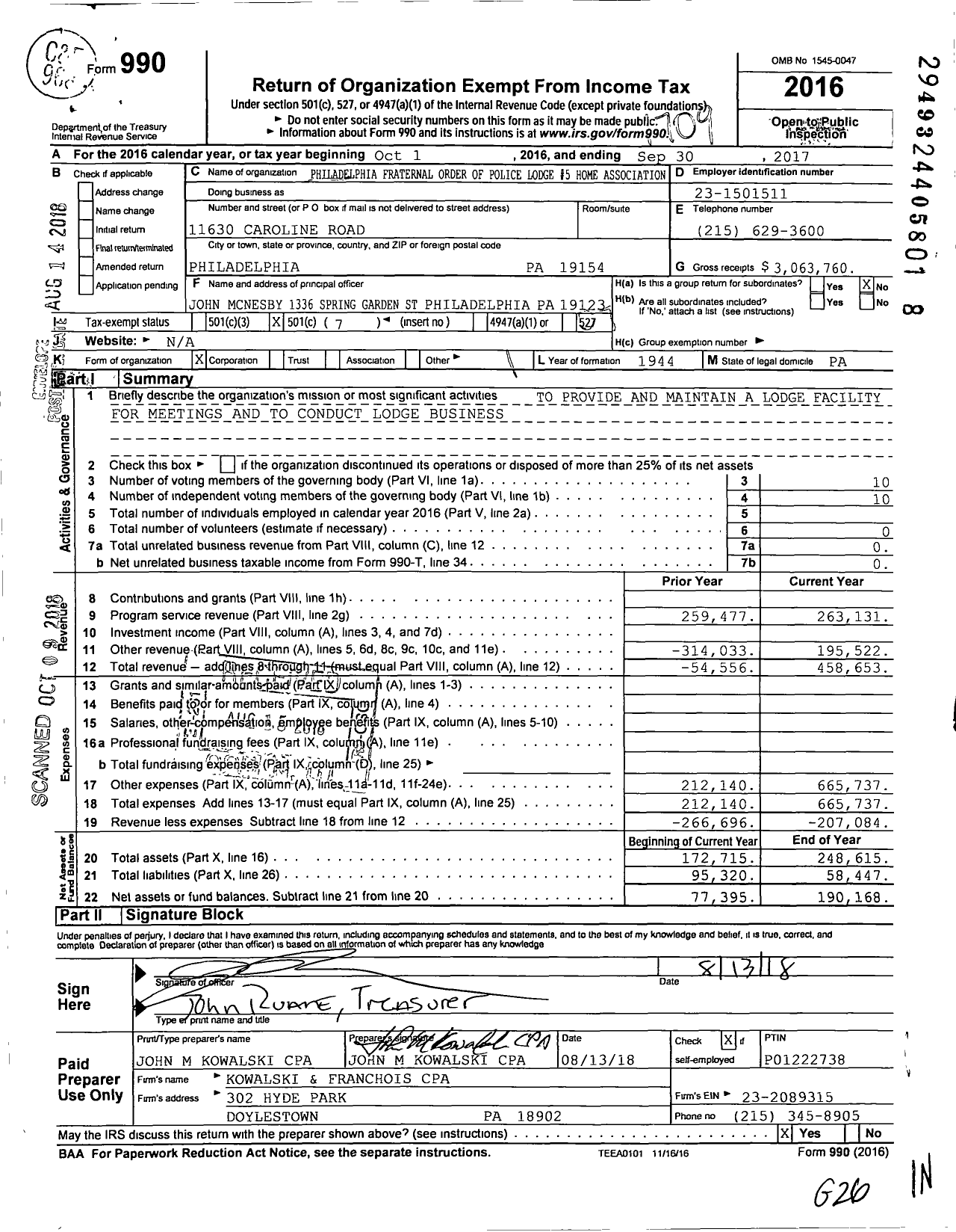 Image of first page of 2016 Form 990O for Philadelphia Fraternal Order of Police Lodge 5 Home Association