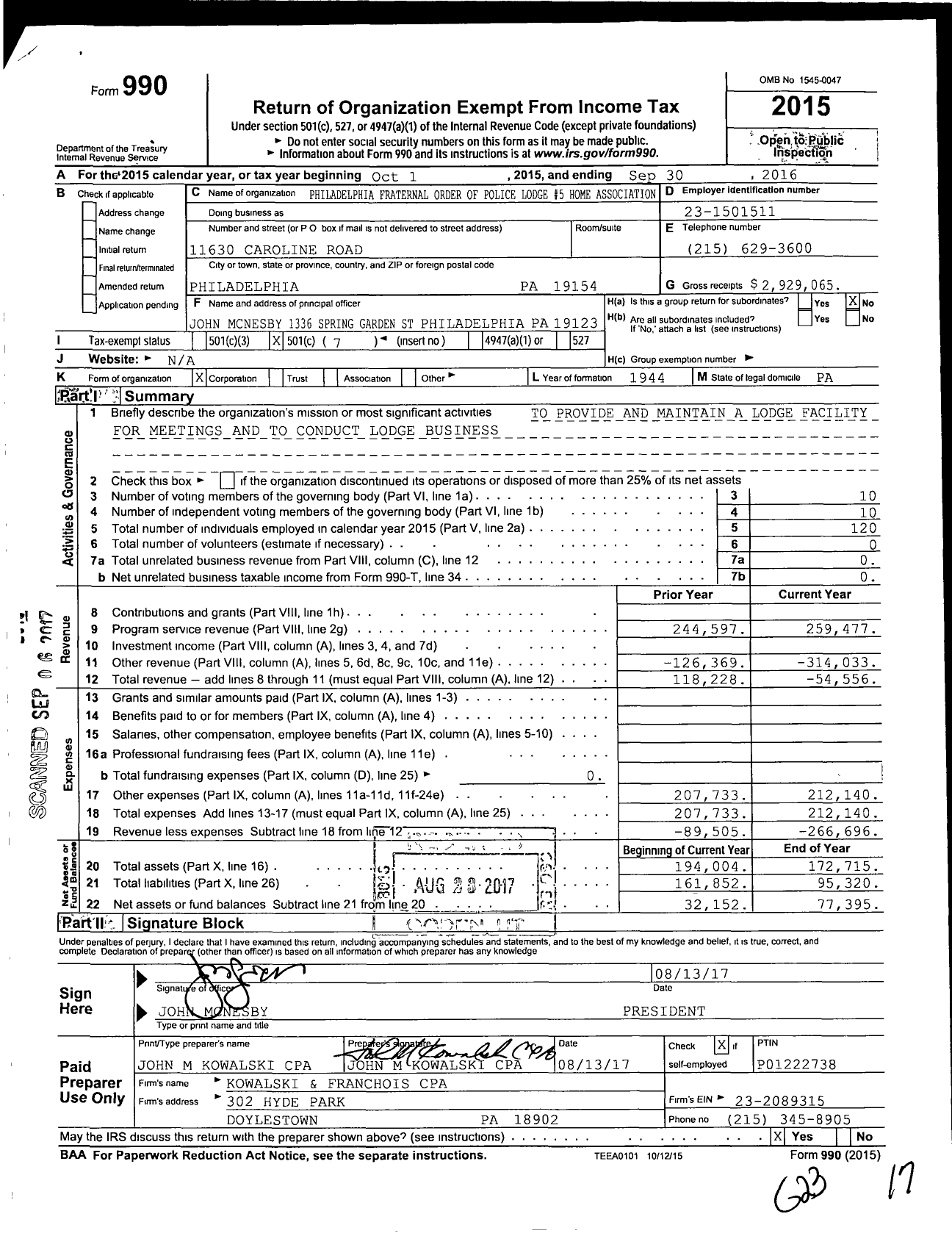 Image of first page of 2015 Form 990O for Philadelphia Fraternal Order of Police Lodge 5 Home Association