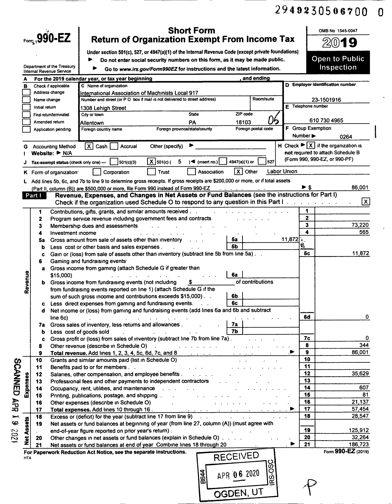 Image of first page of 2019 Form 990EO for International Association of Machinists and Aerospace Workers - 917 Local Lodge