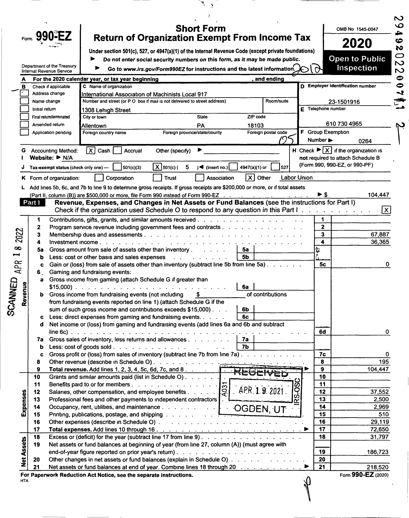 Image of first page of 2020 Form 990EO for International Association of Machinists and Aerospace Workers - 917 Local Lodge