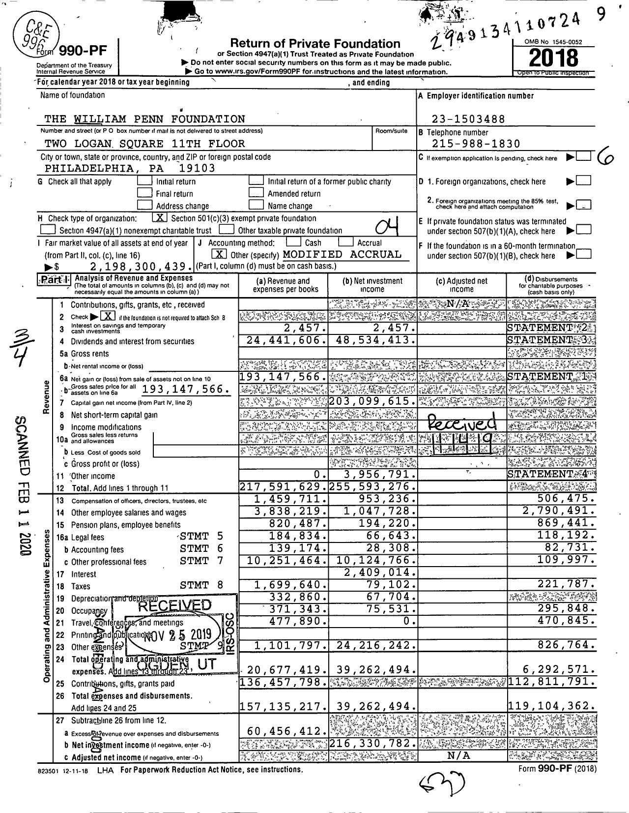 Image of first page of 2018 Form 990PF for William Penn Foundation