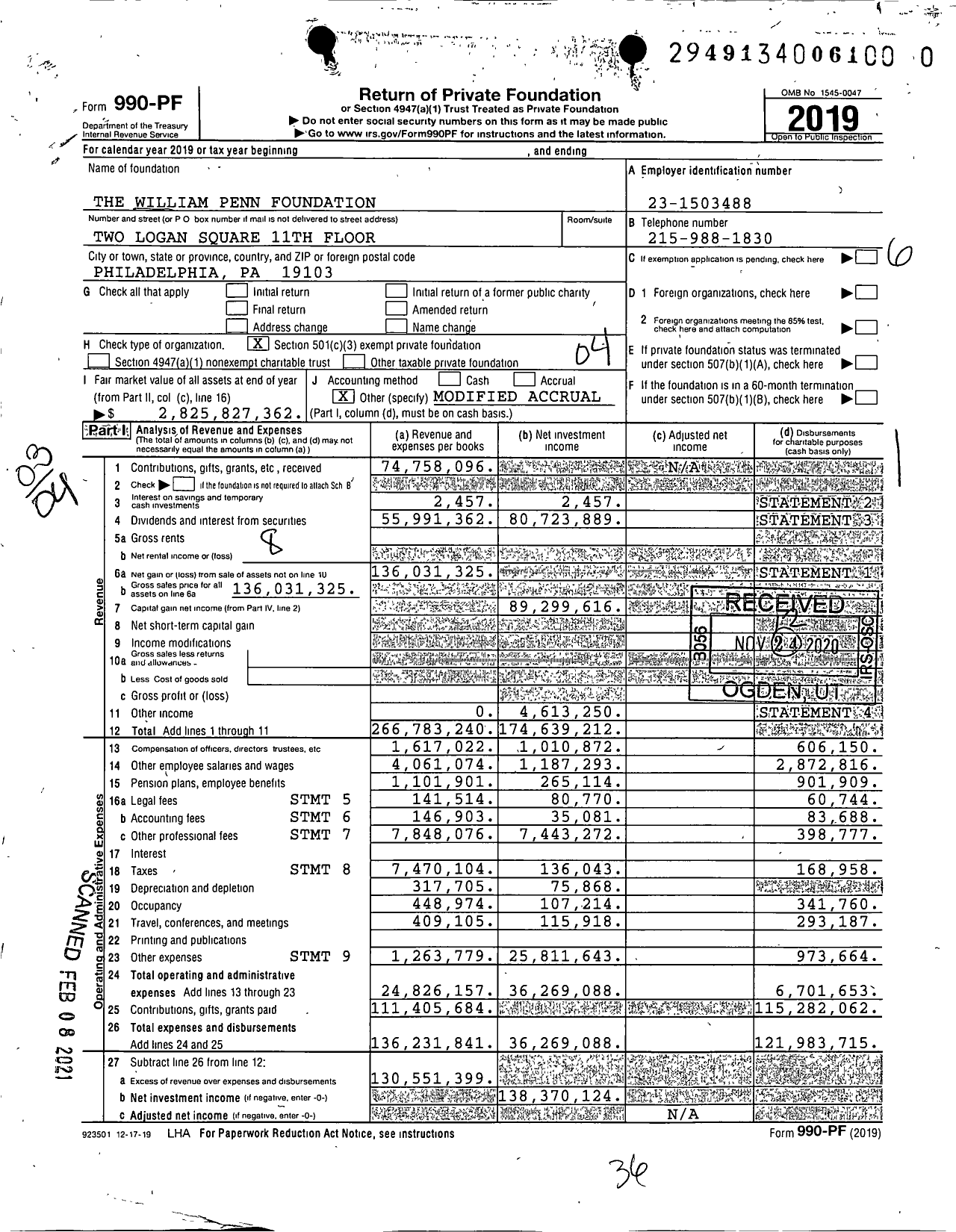 Image of first page of 2019 Form 990PF for William Penn Foundation