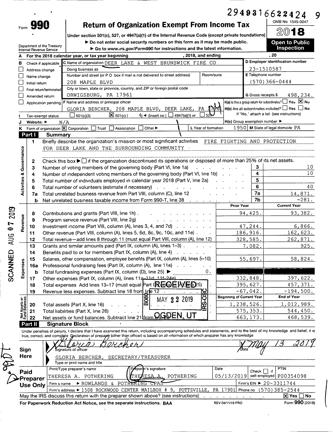 Image of first page of 2018 Form 990O for Deer Lake and West Brunswick Fire