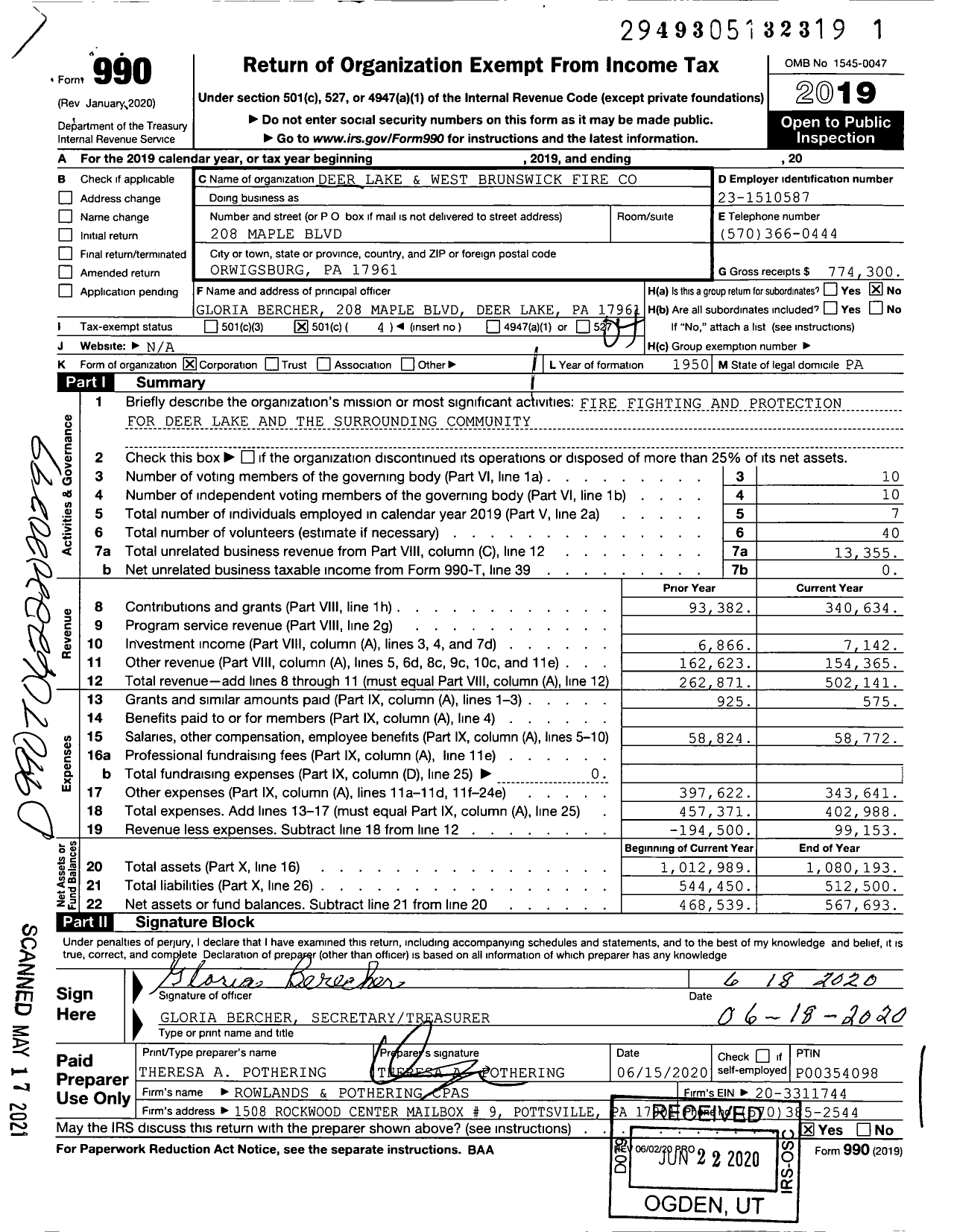 Image of first page of 2019 Form 990O for Deer Lake and West Brunswick Fire