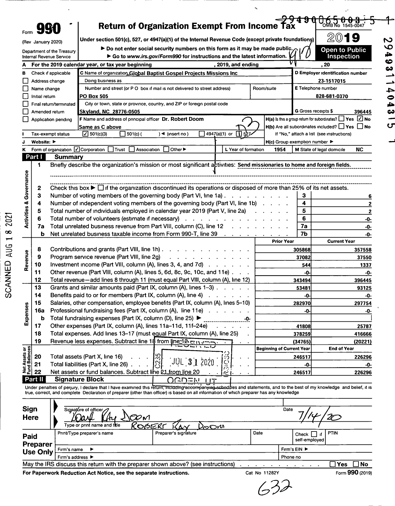 Image of first page of 2019 Form 990 for Global Baptist Gospel Projects Missions