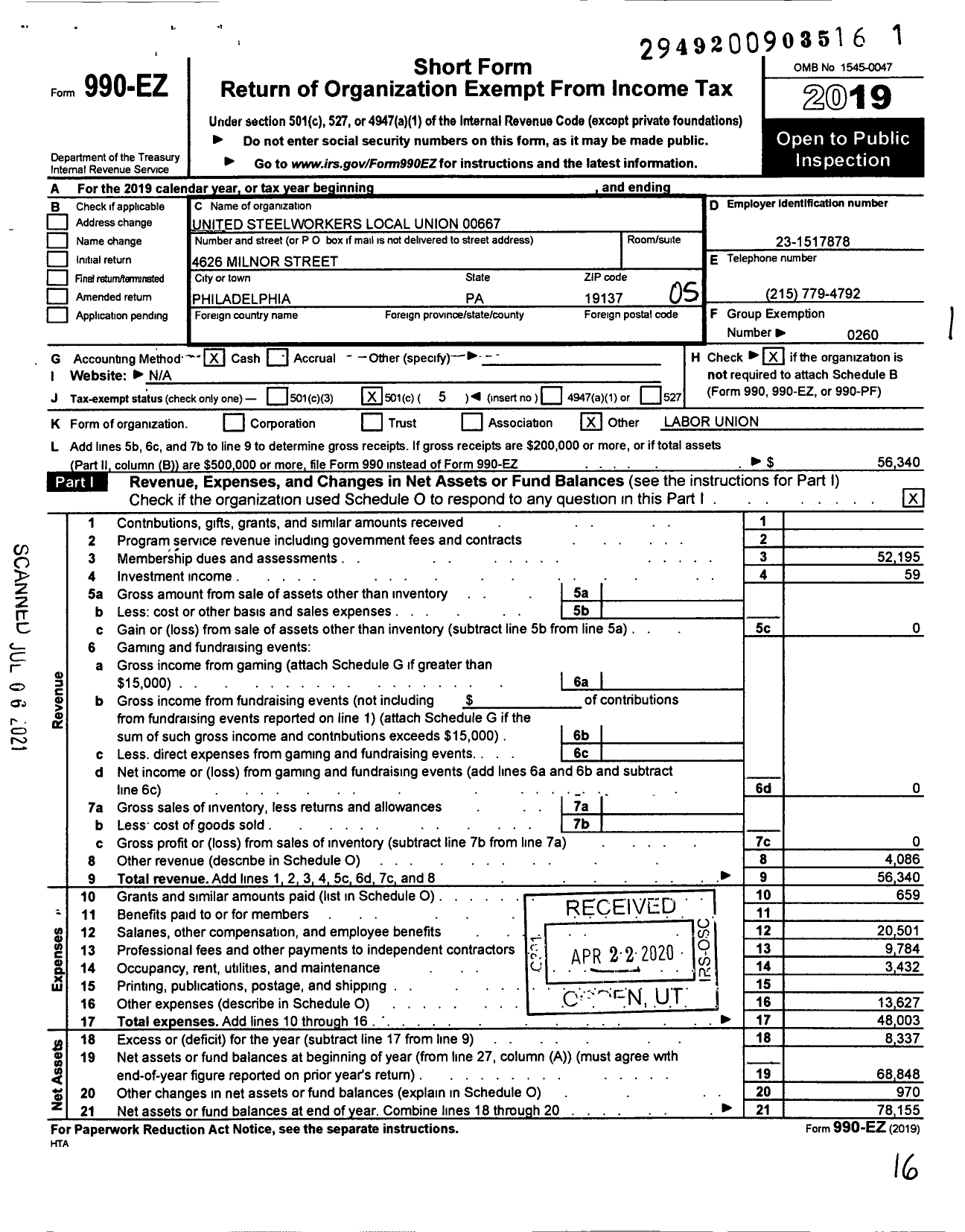 Image of first page of 2019 Form 990EO for United Steelworkers - 00667 Local