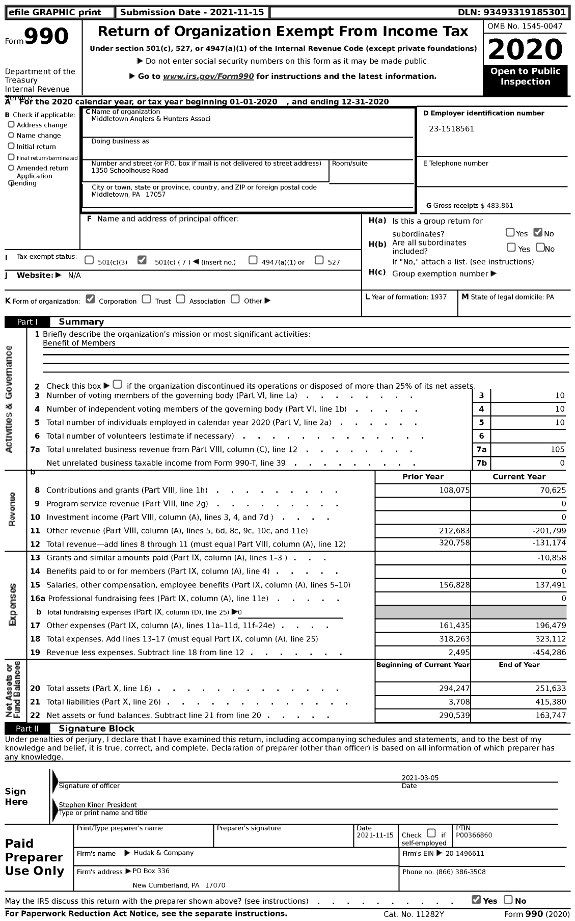 Image of first page of 2020 Form 990 for Middletown Anglers & Hunters Association