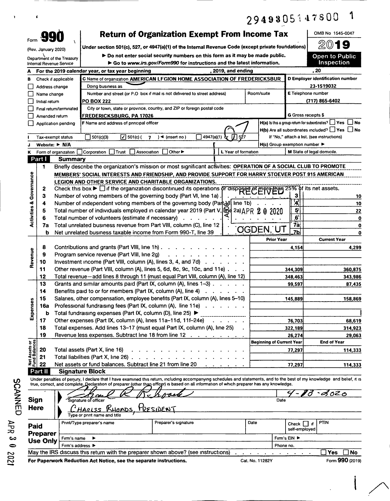 Image of first page of 2019 Form 990O for American Legion Home Association of Fredericksburg
