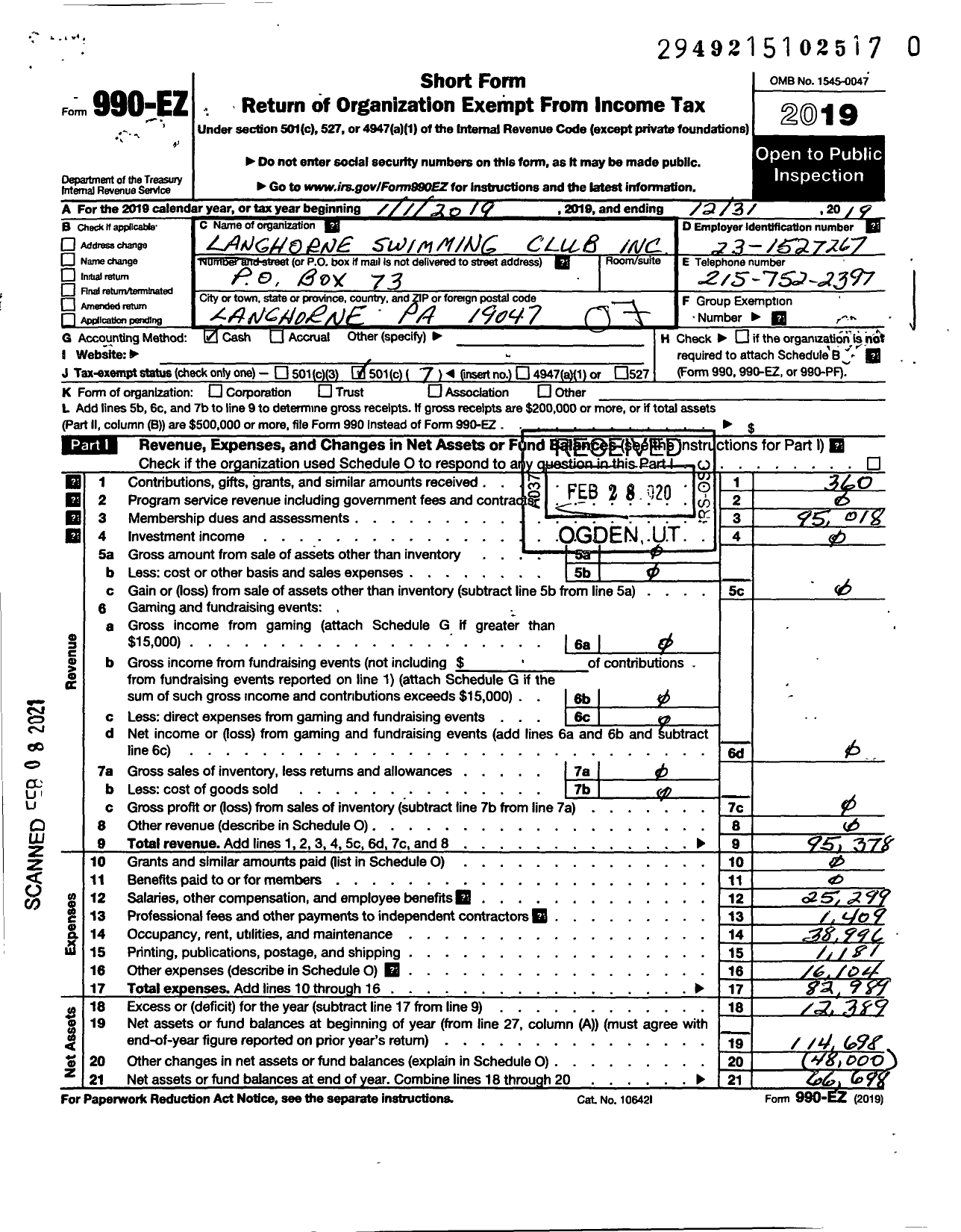 Image of first page of 2019 Form 990EO for Langhorne Swimming Club