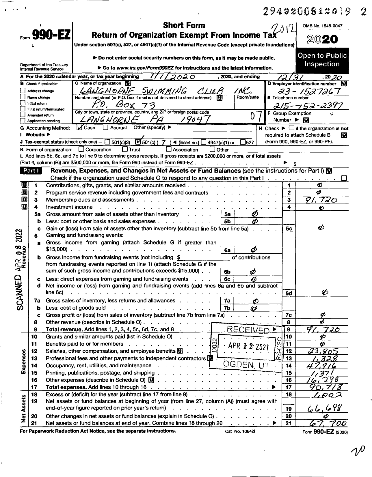 Image of first page of 2020 Form 990EO for Langhorne Swimming Club