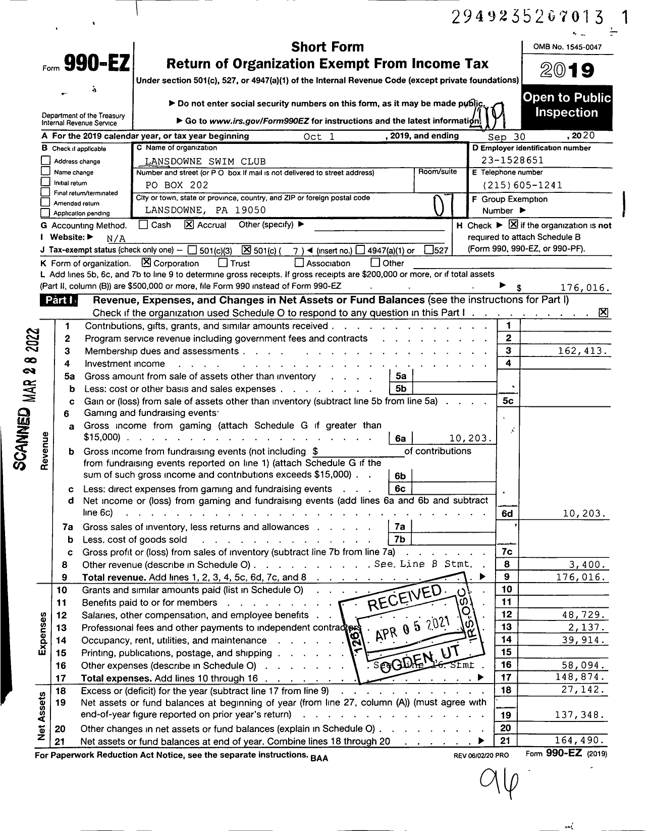 Image of first page of 2019 Form 990EO for Lansdowne Swim Club