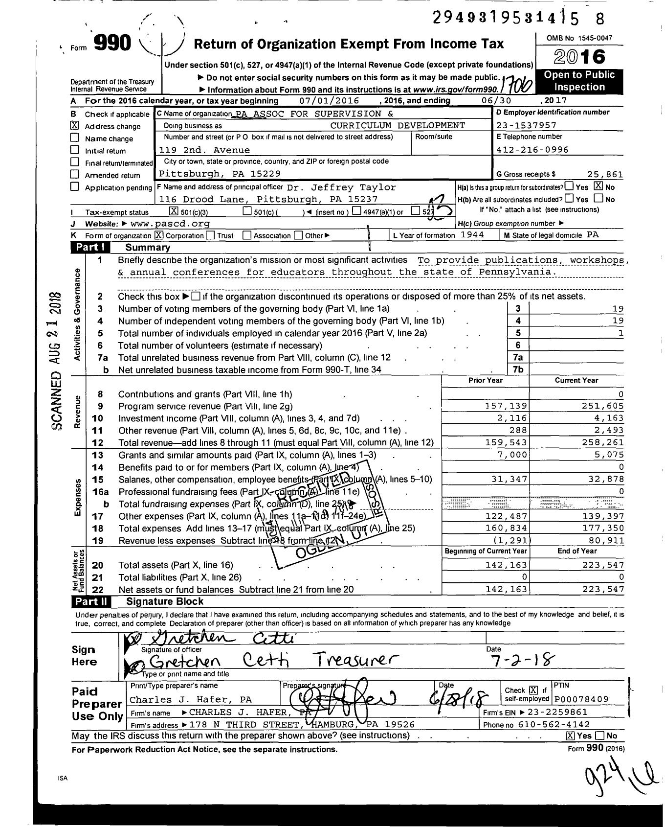 Image of first page of 2016 Form 990 for Pennsyvania Association for Supervision & Curriculum Development