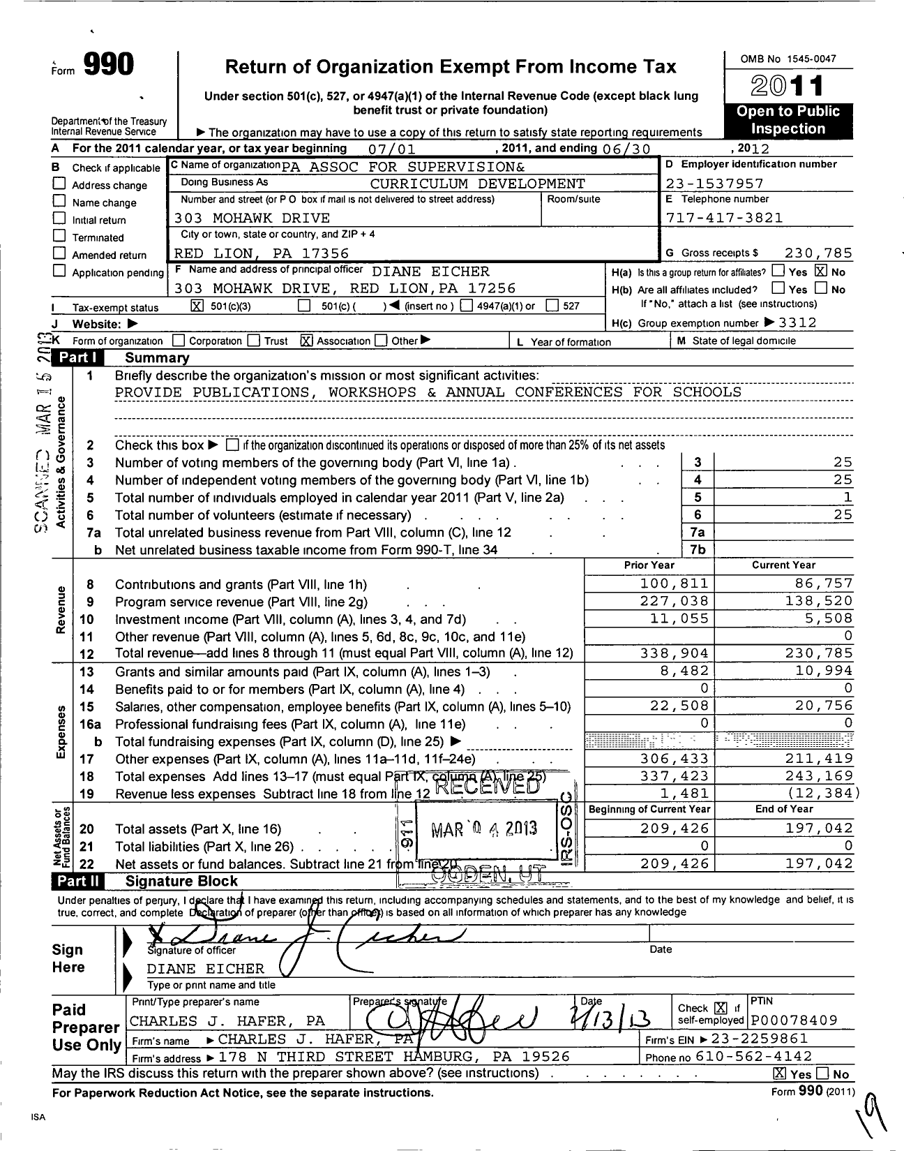 Image of first page of 2011 Form 990 for Pennsyvania Association for Supervision & Curriculum Development