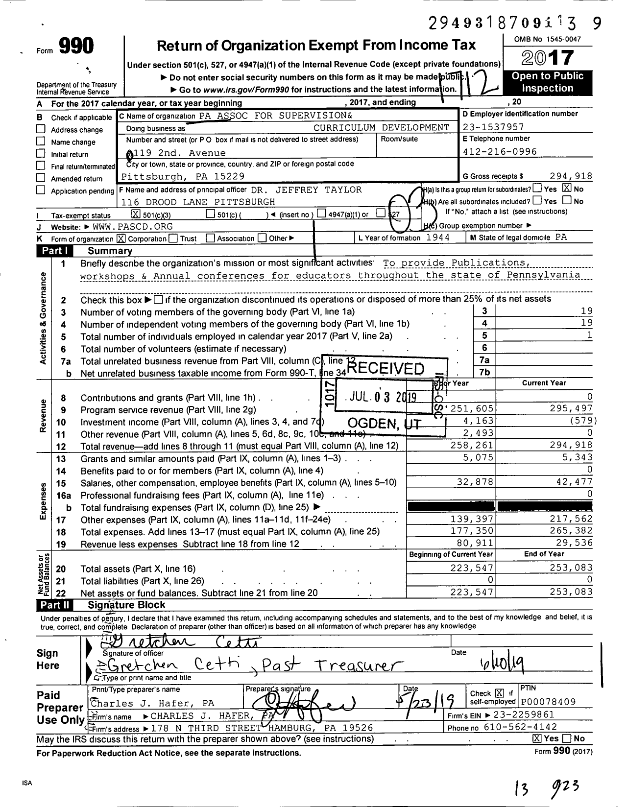 Image of first page of 2017 Form 990 for Pennsyvania Association for Supervision & Curriculum Development