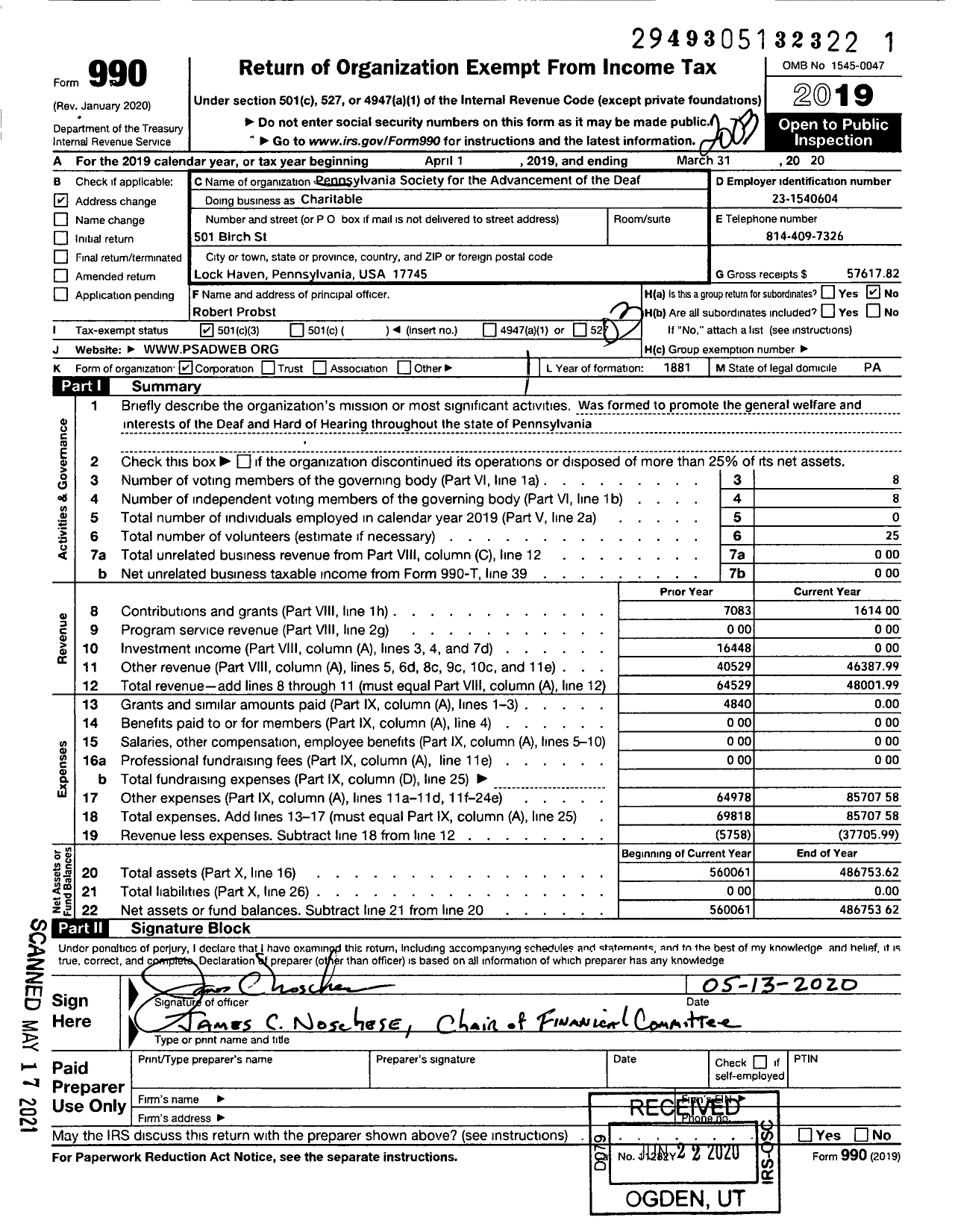 Image of first page of 2019 Form 990 for Pennsylvania State Association of the Deaf