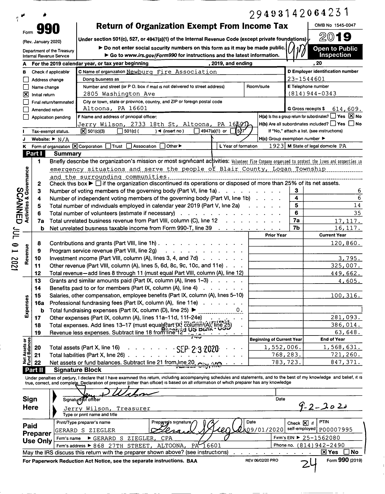 Image of first page of 2019 Form 990 for Newburg Fire Association