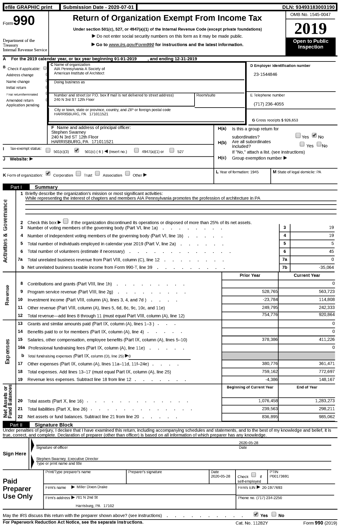 Image of first page of 2019 Form 990 for AIA Pennsylvania A Society of American Institute of Architect