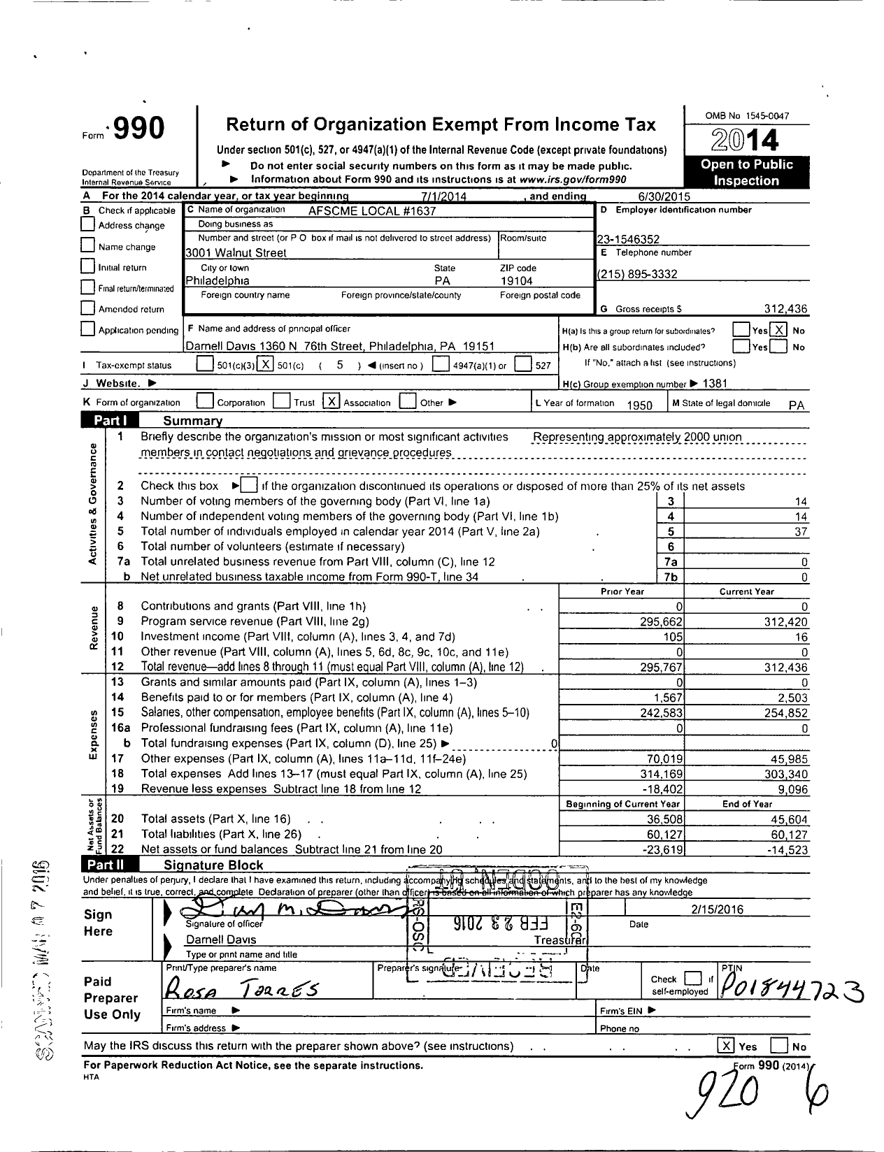 Image of first page of 2014 Form 990O for American Federation of State County & Municipal Employees - L1637pa Phil Pub Property Civilian