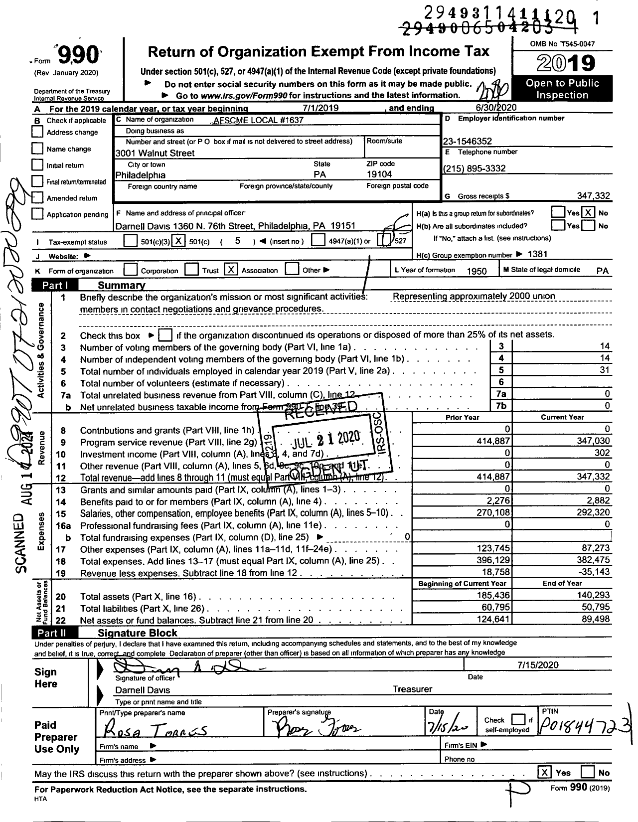 Image of first page of 2019 Form 990O for American Federation of State County & Municipal Employees - L1637pa Phil Pub Property Civilian