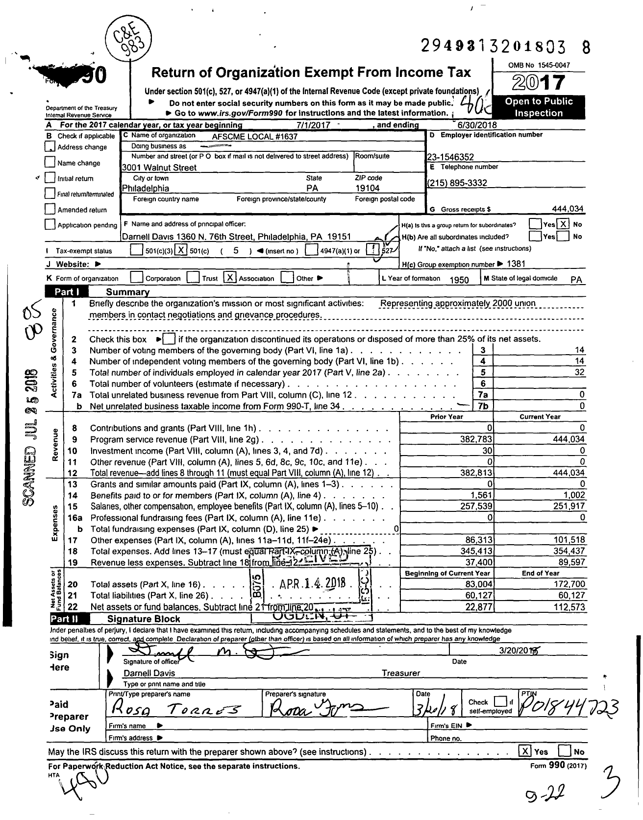 Image of first page of 2017 Form 990O for American Federation of State County & Municipal Employees - L1637pa Phil Pub Property Civilian