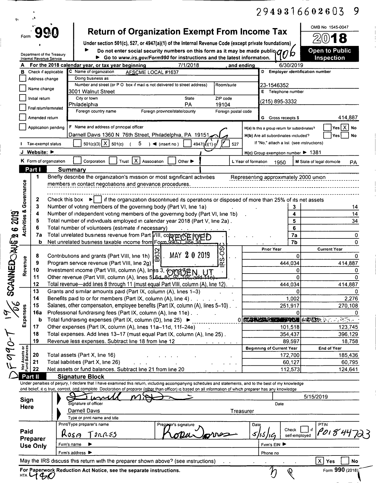 Image of first page of 2018 Form 990O for American Federation of State County & Municipal Employees - L1637pa Phil Pub Property Civilian