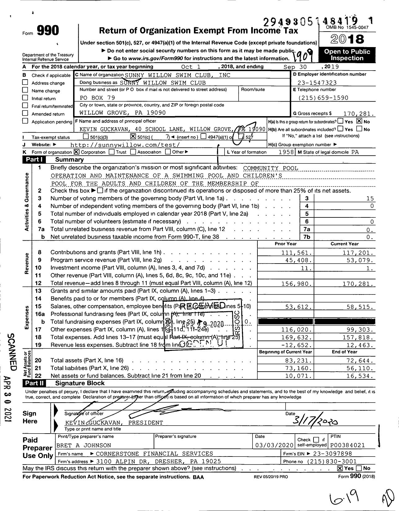 Image of first page of 2018 Form 990O for Sunny Willow Swim Club