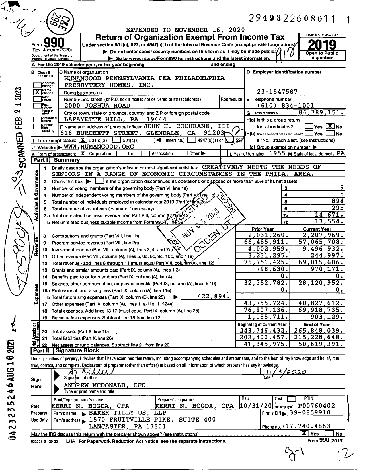 Image of first page of 2019 Form 990 for Humangood Pennsylvania