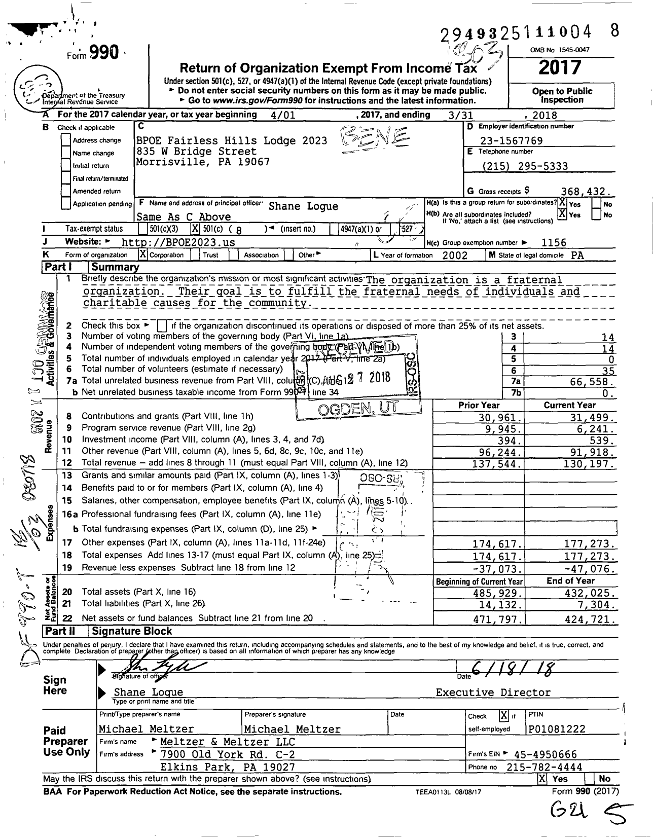 Image of first page of 2017 Form 990O for Benevolent and Protective Order of Elks - 2023 Fairless Hills