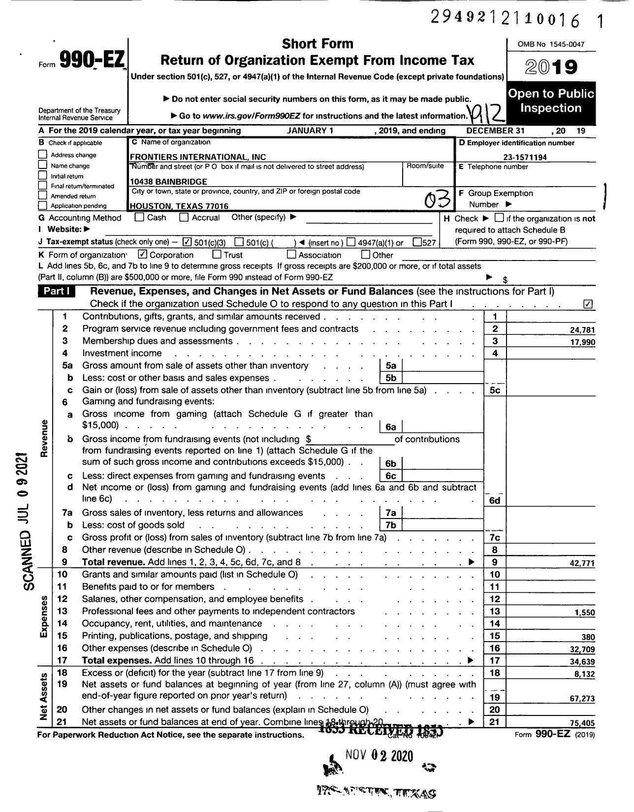 Image of first page of 2019 Form 990EZ for Frontiers International