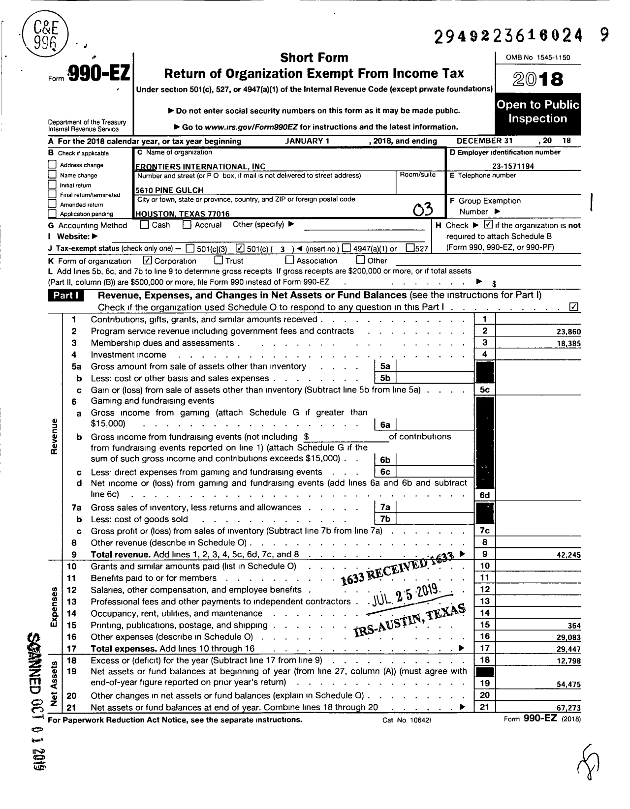 Image of first page of 2018 Form 990EZ for Frontiers International