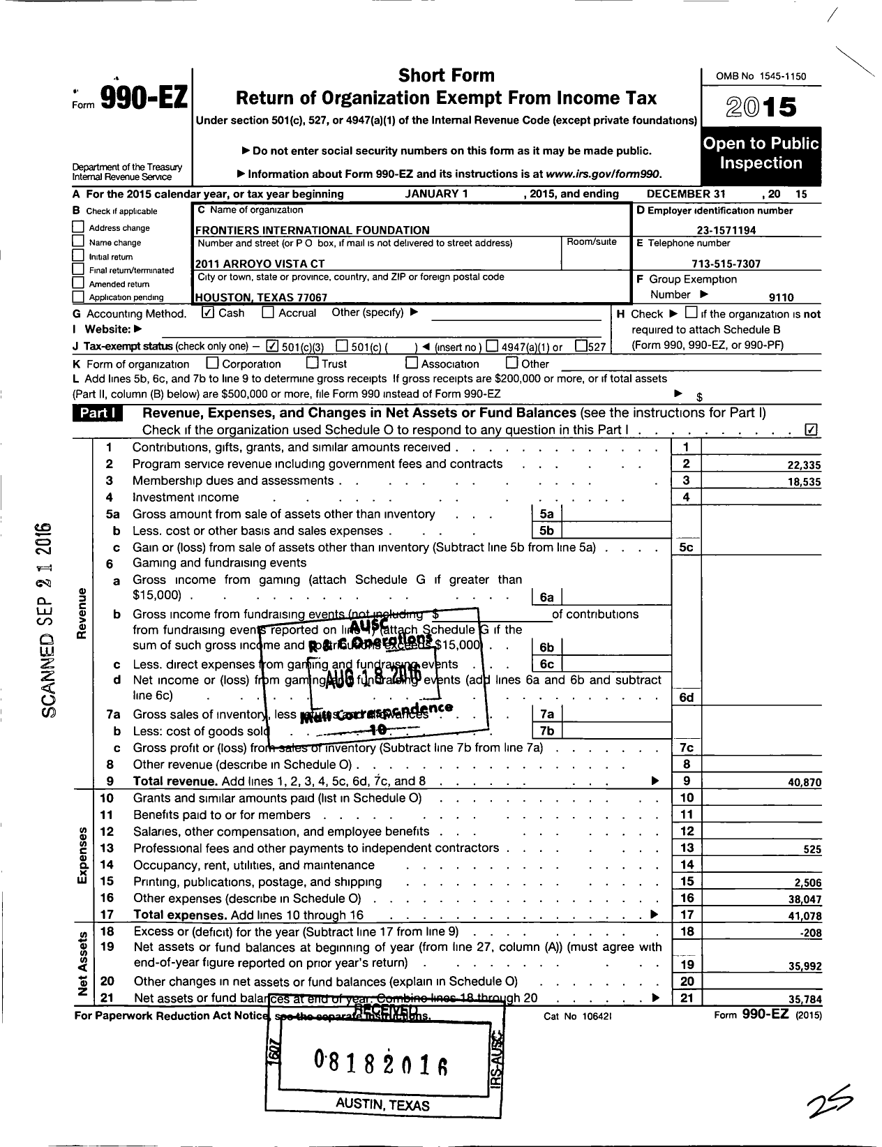 Image of first page of 2015 Form 990EZ for Frontiers International