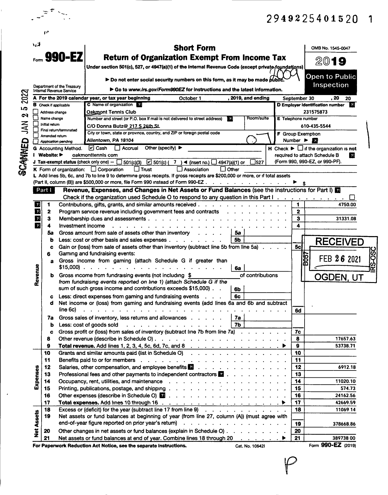 Image of first page of 2019 Form 990EO for Oakmont Tennis Club