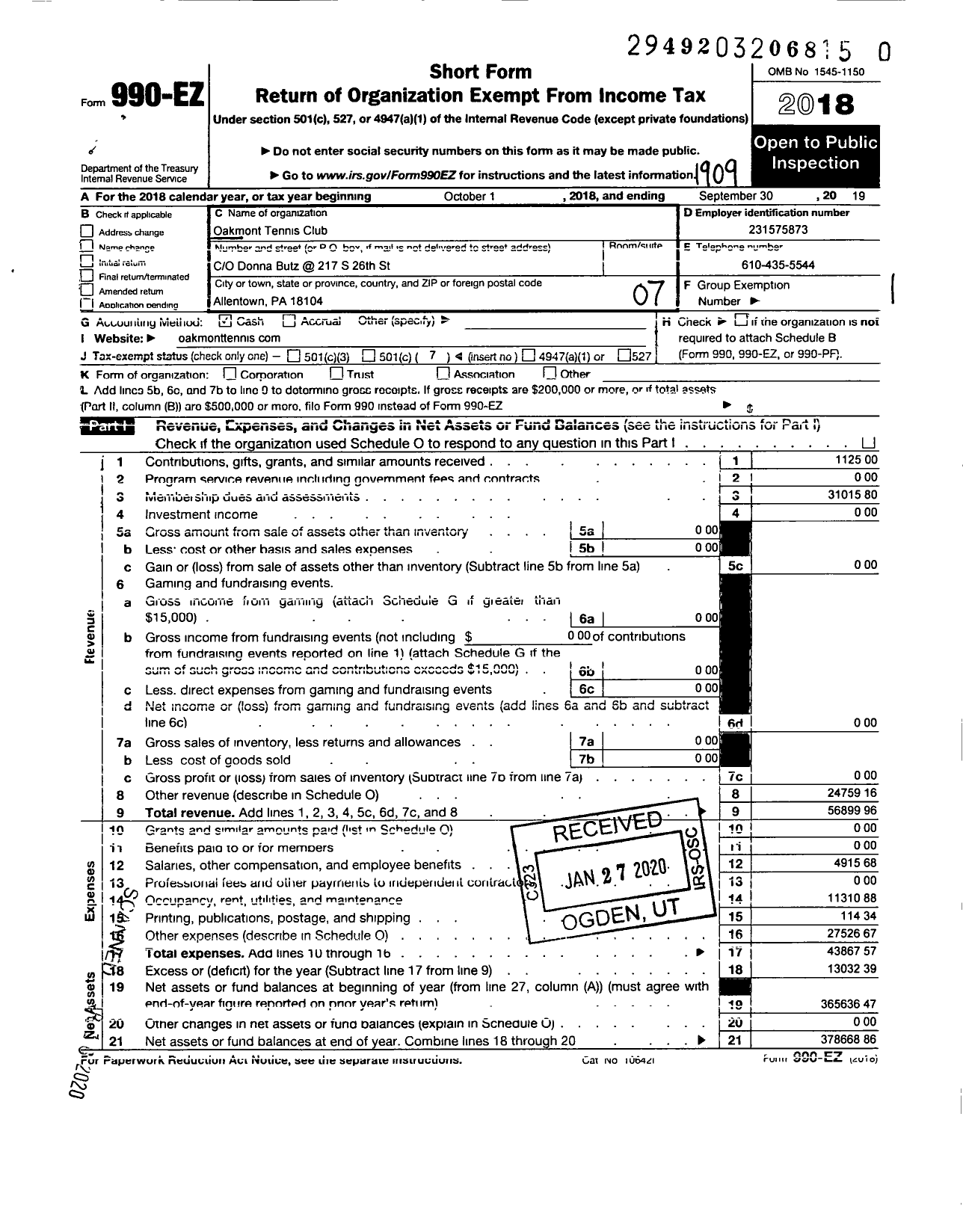 Image of first page of 2018 Form 990EO for Oakmont Tennis Club