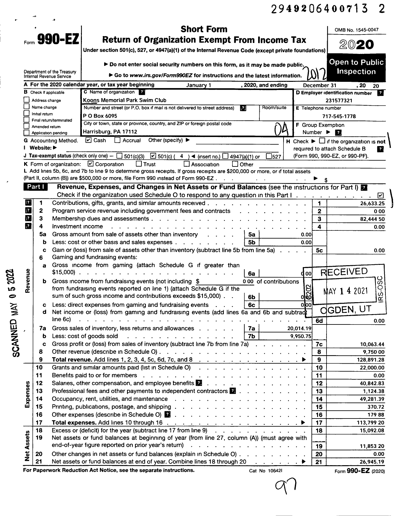 Image of first page of 2020 Form 990EO for Koons Memorial Park Swim Club