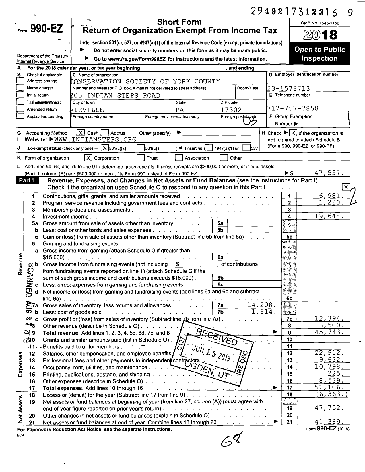 Image of first page of 2018 Form 990EZ for Conservation Society of York County