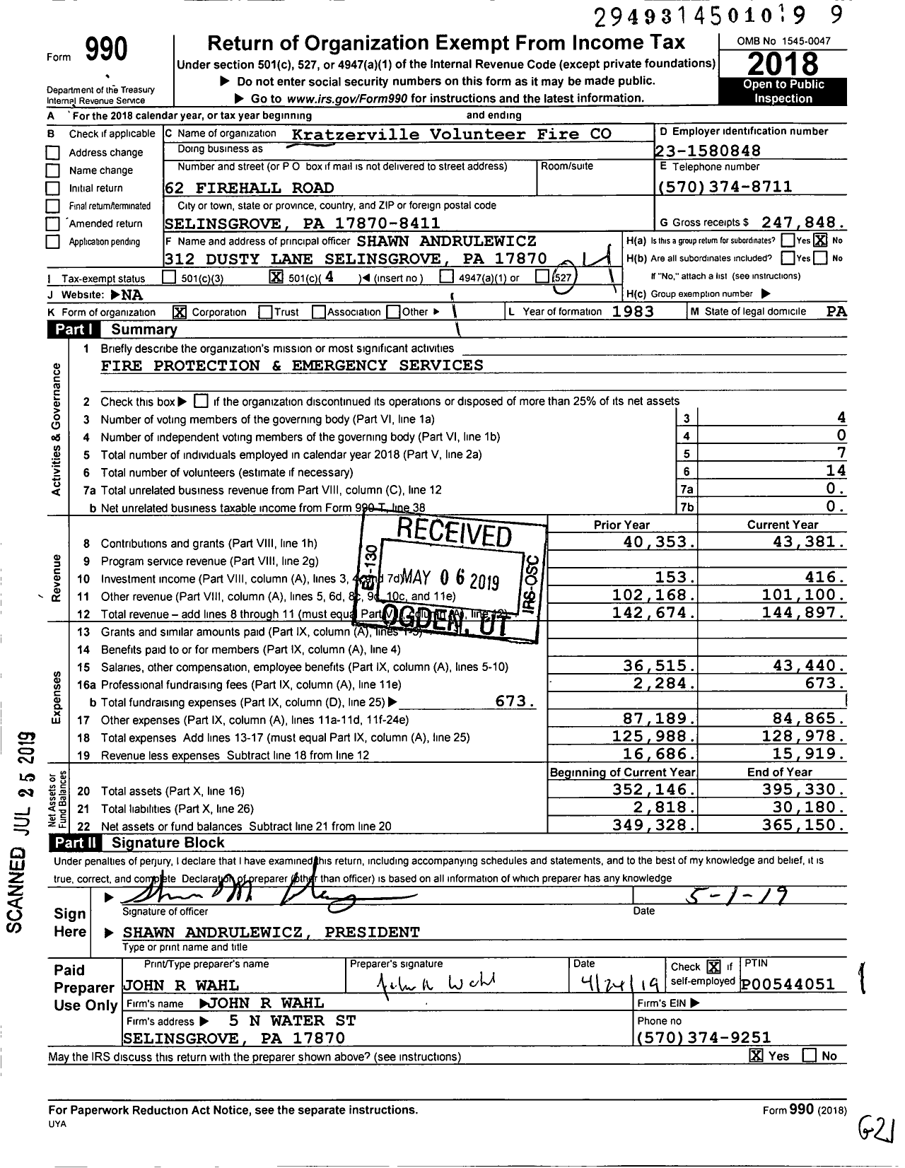 Image of first page of 2018 Form 990O for Kratzerville Volunteer Fire CO