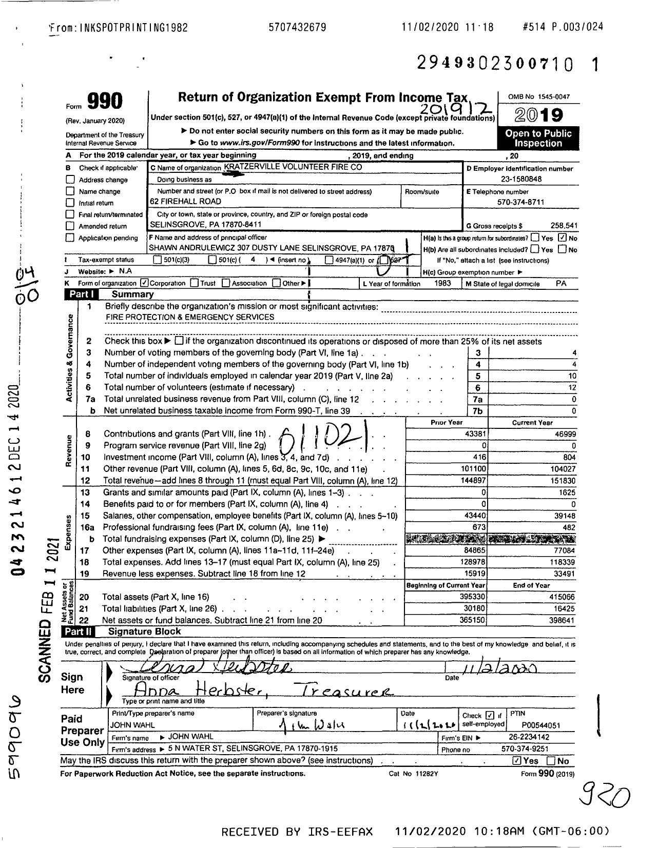 Image of first page of 2019 Form 990O for Kratzerville Volunteer Fire CO