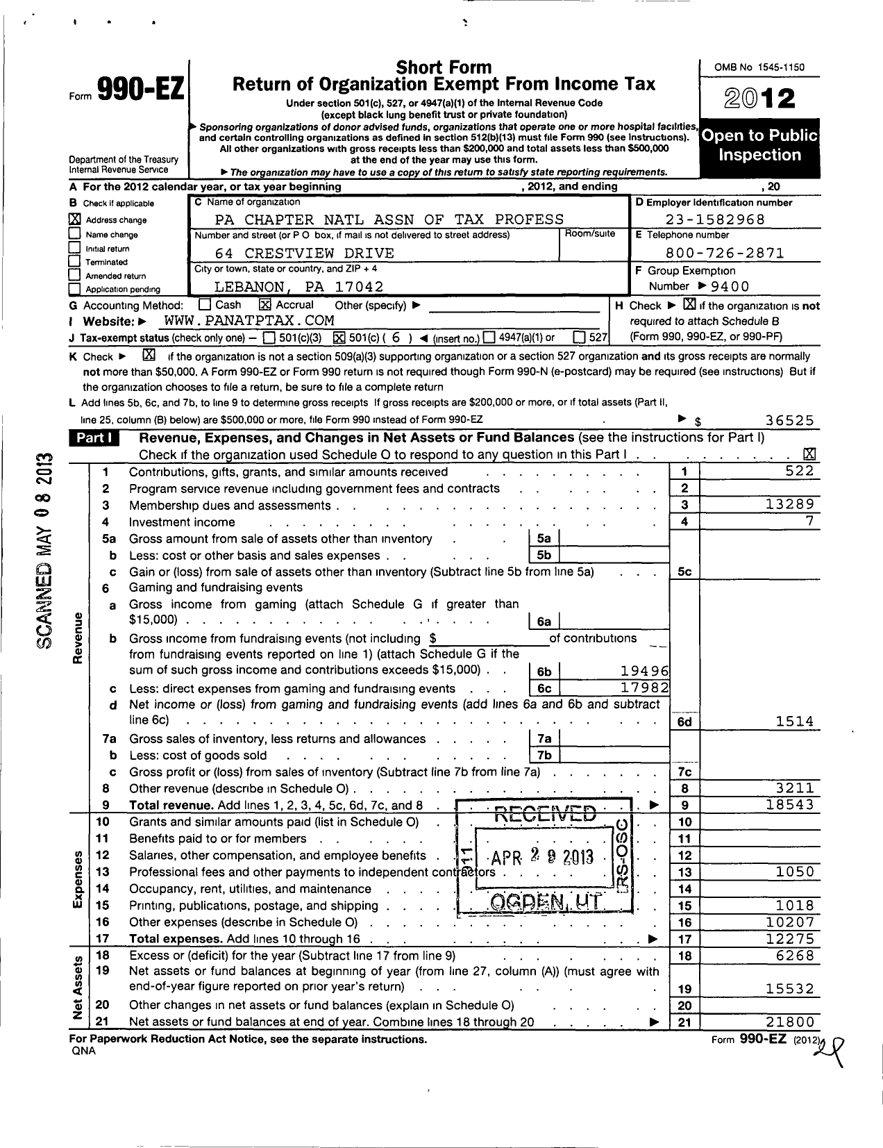 Image of first page of 2012 Form 990EO for National Association of Tax Professionals / Pennsylvania Chapter of Natp