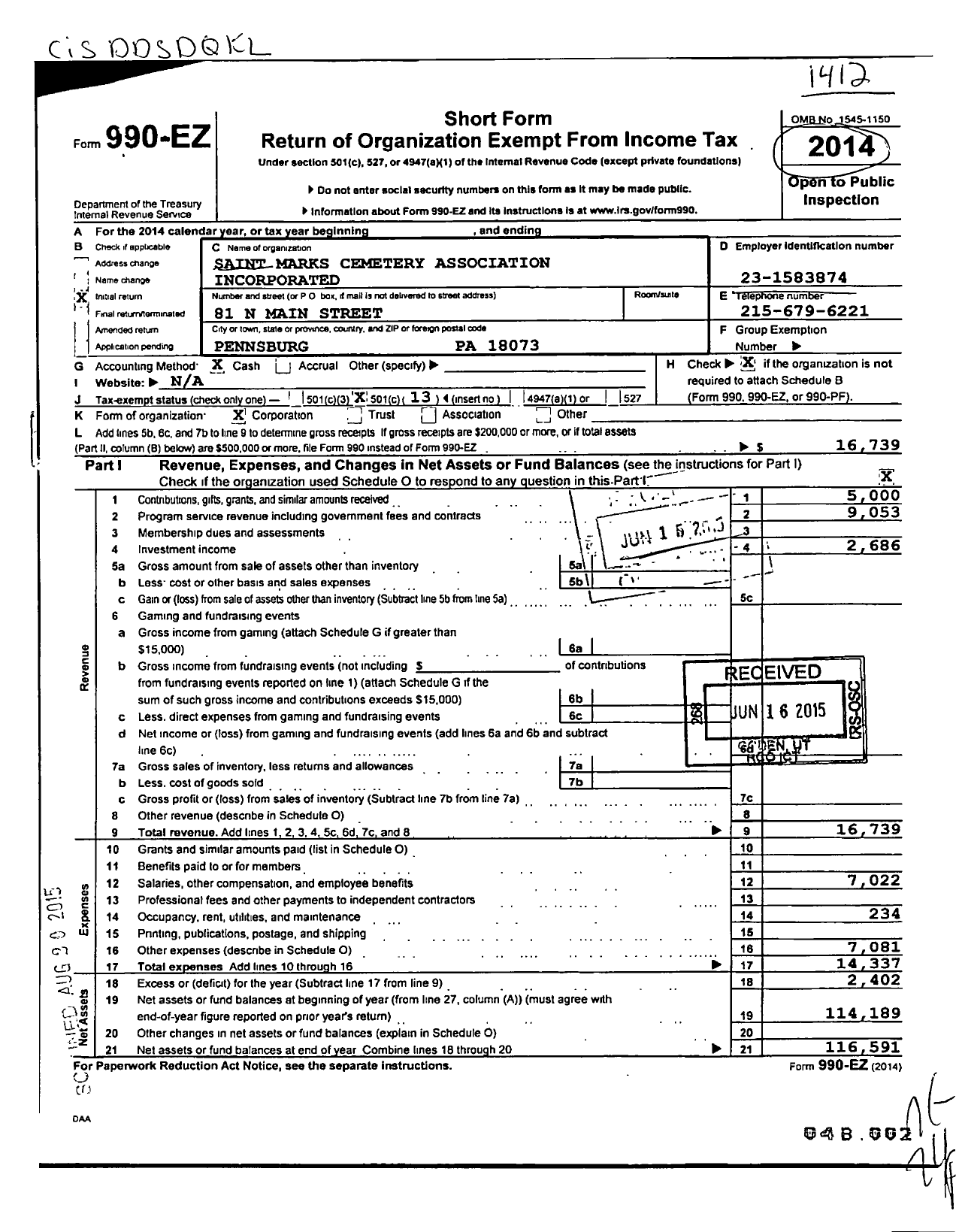 Image of first page of 2014 Form 990EO for Saint Marks Cemetery Association Incorporated