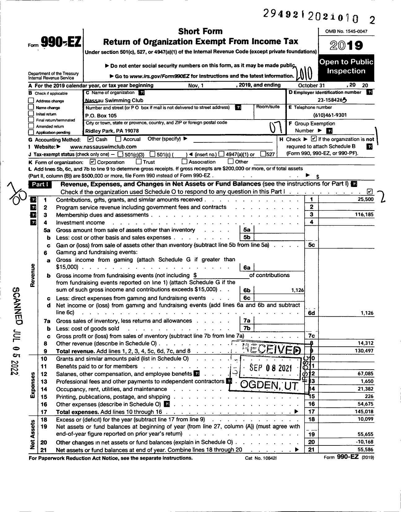 Image of first page of 2019 Form 990EO for Nassau Swimming Club