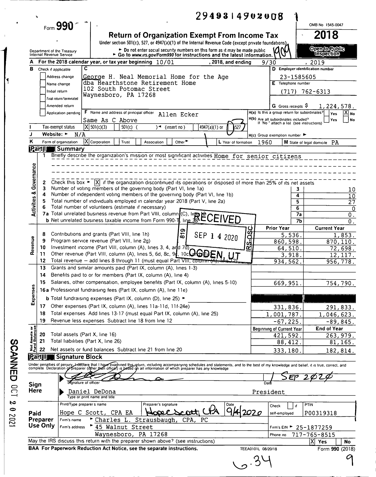 Image of first page of 2018 Form 990 for Hearthstone Retirement Home