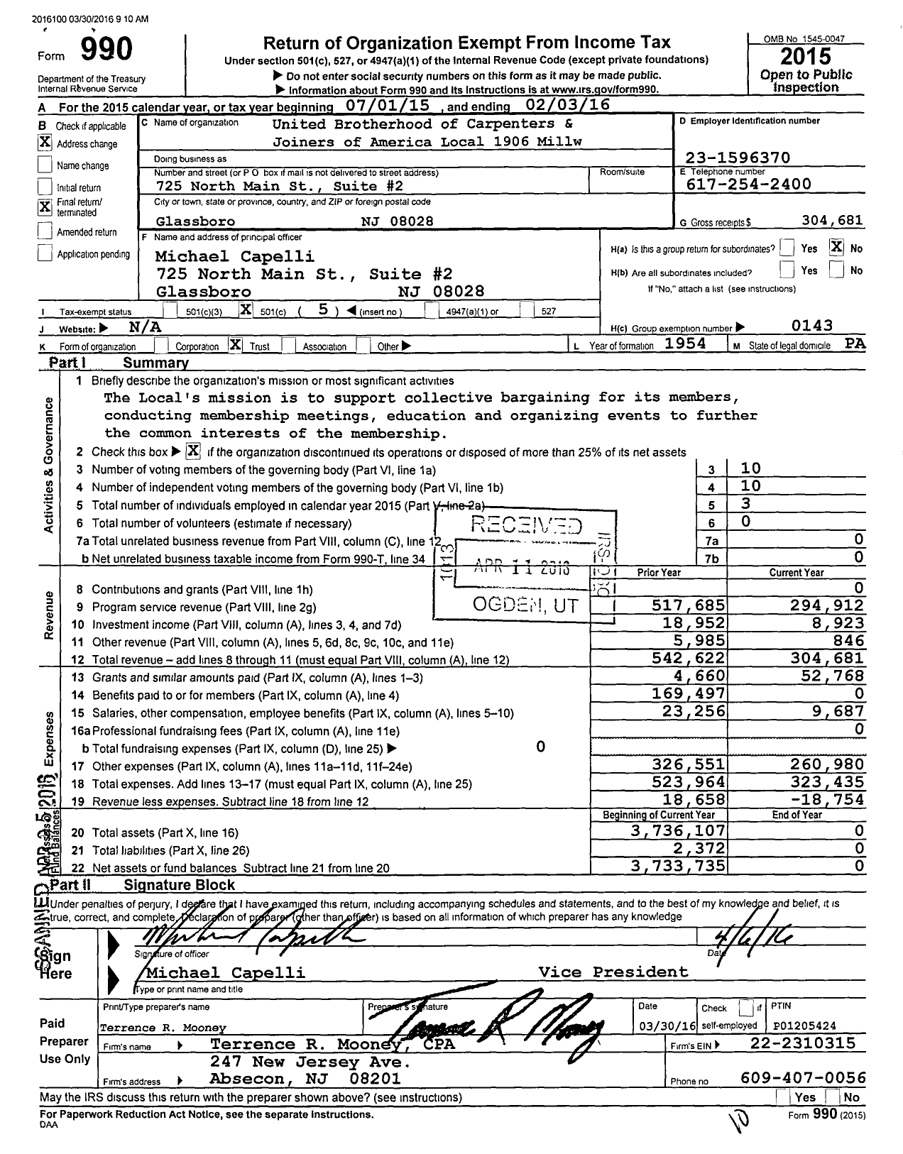 Image of first page of 2015 Form 990O for United Brotherhood of Carpenters & Joiners - 1906 Local